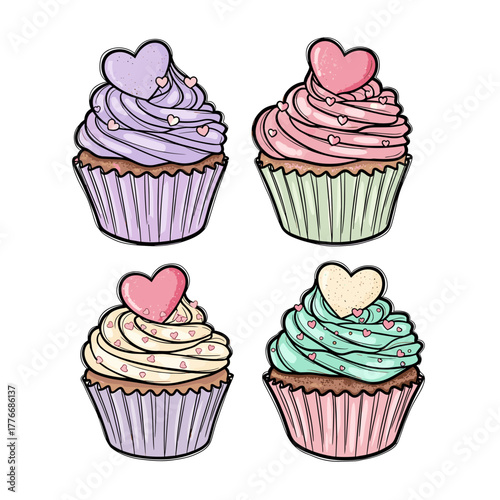 Valentine’s cupcakes with heart-shaped frosting and sprinkles, sweet and romantic, vector art in delicate pastel palette of lavender, rose pink, cream, and mint with soft blended colors