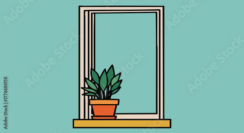 Potted plant sits on a windowsill in front of a window with a light blue wall