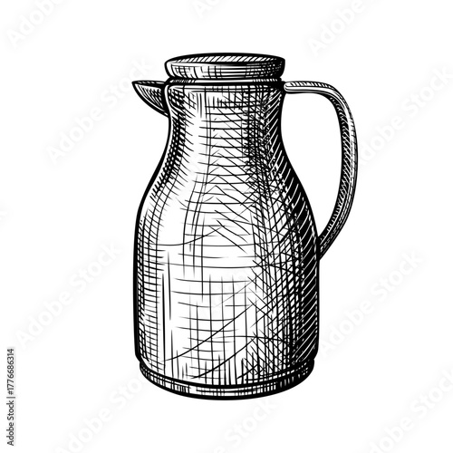Tea kettle. Vector hand drawn illustration of teapot in engraved style. Metal and enameled household kitchen utensils. Black and white sketch isolated on white background