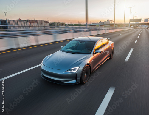 Modern electric car driving on a highway during beautiful sunset
