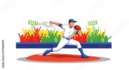 Flat vector of baseball pitcher throwing fastball on mound, symbol of power, precision, and athletic focus in professional sport