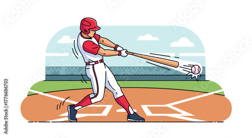 Flat vector of batter hitting baseball mid-air with strong swing, symbolizing energy, focus, and timing in sports excellence
