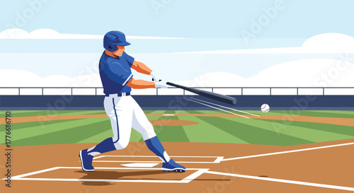 Flat vector of batter hitting baseball mid-air with strong swing, symbolizing energy, focus, and timing in sports excellence