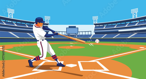Flat vector of batter hitting baseball mid-air with strong swing, symbolizing energy, focus, and timing in sports excellence