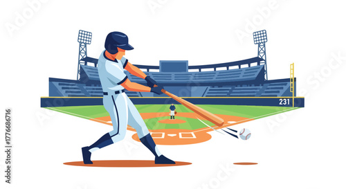 Flat vector of batter hitting baseball mid-air with strong swing, symbolizing energy, focus, and timing in sports excellence