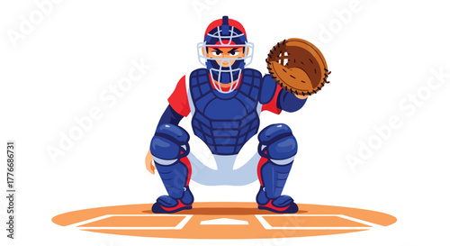 Flat vector of catcher crouched behind home plate wearing full gear, symbolizing focus, defense, and readiness