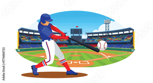 Flat vector of batter hitting baseball mid-air with strong swing, symbolizing energy, focus, and timing in sports excellence