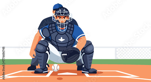 Flat vector of catcher crouched behind home plate wearing full gear, symbolizing focus, defense, and readiness