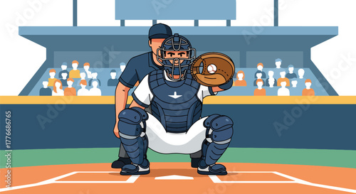 Flat vector of catcher crouched behind home plate wearing full gear, symbolizing focus, defense, and readiness