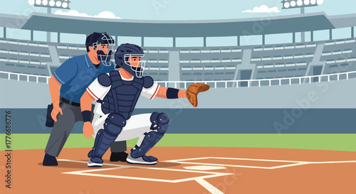 Flat vector of catcher crouched behind home plate wearing full gear, symbolizing focus, defense, and readiness