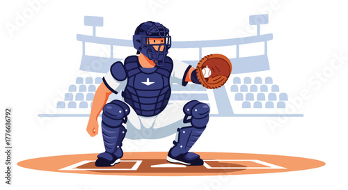 Flat vector of catcher crouched behind home plate wearing full gear, symbolizing focus, defense, and readiness