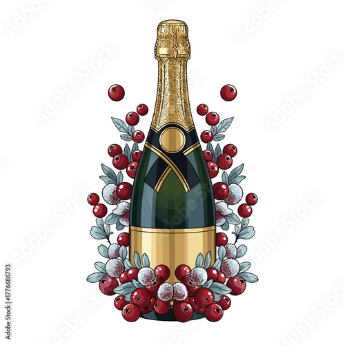 Sparkling champagne bottle with gold foil and cranberries, elegant and festive, vector illustration in Winter Soft Light color scheme with refined lines and glossy finish, minimal style