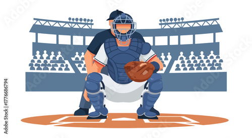 Flat vector of catcher crouched behind home plate wearing full gear, symbolizing focus, defense, and readiness