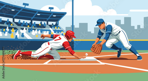 Flat vector of baseball player sliding to base while opponent tries to tag, symbol of energy, action, and speed