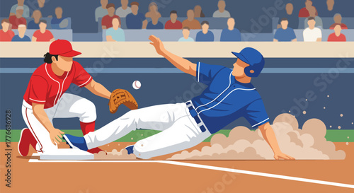 Flat vector of baseball player sliding to base while opponent tries to tag, symbol of energy, action, and speed
