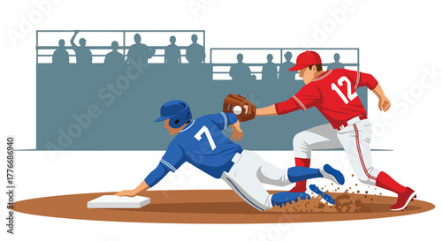 Flat vector of baseball player sliding to base while opponent tries to tag, symbol of energy, action, and speed