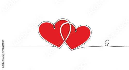 Two interlocking hearts, romantic and elegant, one-line drawing filled with passionate red, minimalist Valentine concept on white background