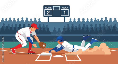 Flat vector of baseball player sliding to base while opponent tries to tag, symbol of energy, action, and speed