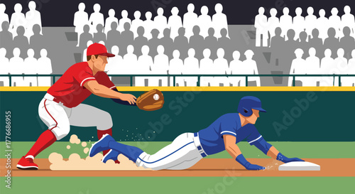Flat vector of baseball player sliding to base while opponent tries to tag, symbol of energy, action, and speed