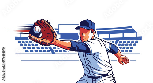 Flat vector of baseball player with glove catching fastball mid-air, symbolizing precision, reflex, and training