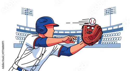 Flat vector of baseball player with glove catching fastball mid-air, symbolizing precision, reflex, and training