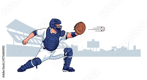 Flat vector of baseball player with glove catching fastball mid-air, symbolizing precision, reflex, and training