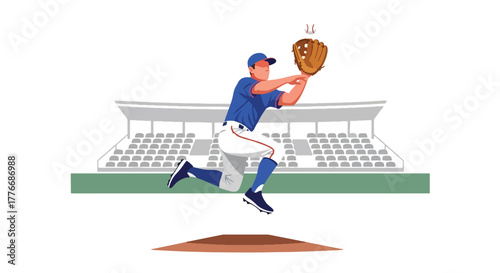 Flat vector of baseball player with glove catching fastball mid-air, symbolizing precision, reflex, and training