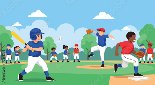 Flat vector of children practicing baseball with coach in park, symbolizing youth training and learning