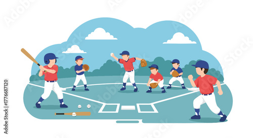 Flat vector of children practicing baseball with coach in park, symbolizing youth training and learning