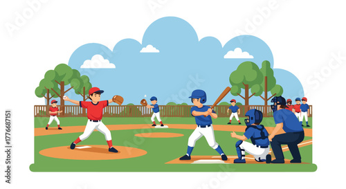 Flat vector of children practicing baseball with coach in park, symbolizing youth training and learning