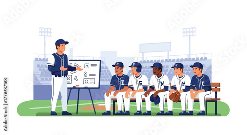 Flat vector of baseball coach giving tactical talk to players, teamwork, leadership, and motivation theme