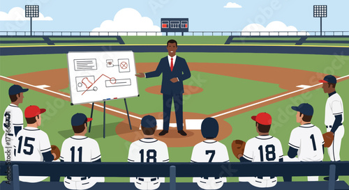 Flat vector of baseball coach giving tactical talk to players, teamwork, leadership, and motivation theme