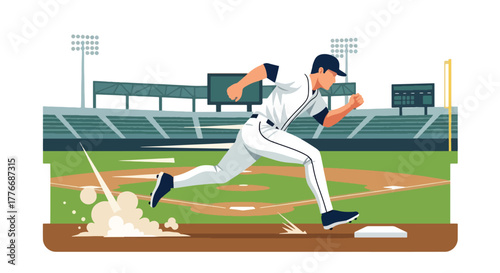 Flat vector of baseball player sprinting between bases, energy and determination theme