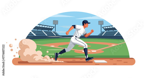 Flat vector of baseball player sprinting between bases, energy and determination theme