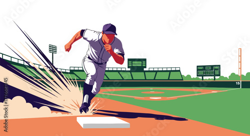 Flat vector of baseball player sprinting between bases, energy and determination theme
