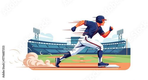 Flat vector of baseball player sprinting between bases, energy and determination theme