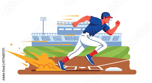 Flat vector of baseball player sprinting between bases, energy and determination theme