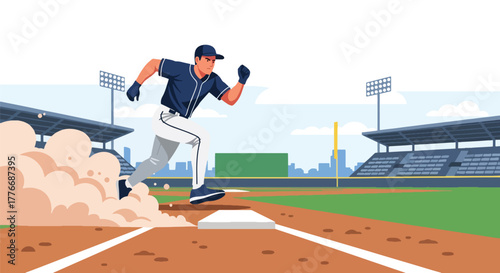 Flat vector of baseball player sprinting between bases, energy and determination theme