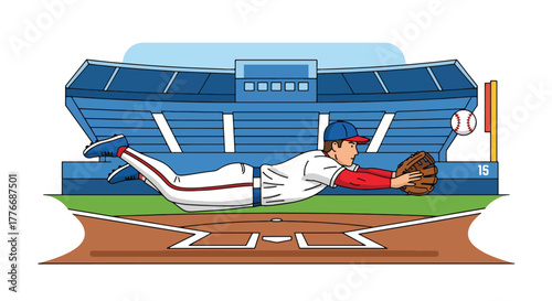 Flat vector of baseball outfielder diving to catch flying ball, action, agility, and determination theme