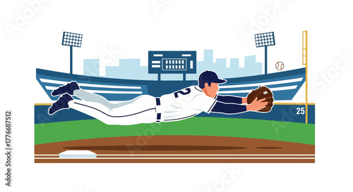 Flat vector of baseball outfielder diving to catch flying ball, action, agility, and determination theme