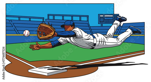 Flat vector of baseball outfielder diving to catch flying ball, action, agility, and determination theme