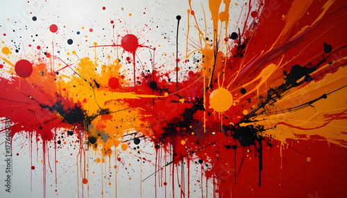 Dynamic abstract explosion of vibrant red and yellow paint splatters creating energetic, modern art for creative projects and bold designs.