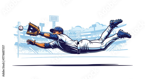 Flat vector of baseball outfielder diving to catch flying ball, action, agility, and determination theme