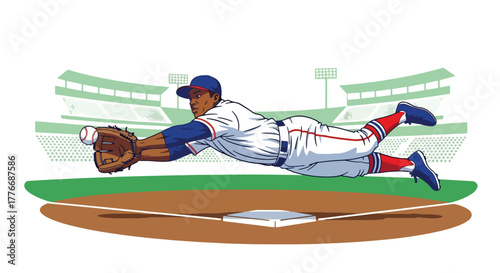 Flat vector of baseball outfielder diving to catch flying ball, action, agility, and determination theme