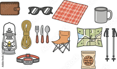 Camping and Hiking Essentials Vector Icons Set – Outdoor Adventure Equipment, Travel Gear, and Nature Exploration Items