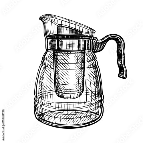Tea kettle. Vector hand drawn illustration of teapot in engraved style. Metal and glass household kitchen utensils. Black and white sketch isolated on white background