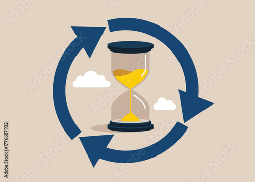Hourglass inside a round arrow, time passage. Vector flat illustration