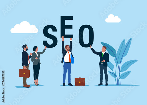 Business people with search engine optimization SEO. Vector flat illustration