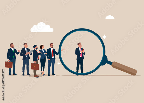 Search for qualified personnel. HR use magnifying glass to choose best candidate. Businessman stands in front of a large magnifier glass. Vector flat illustration