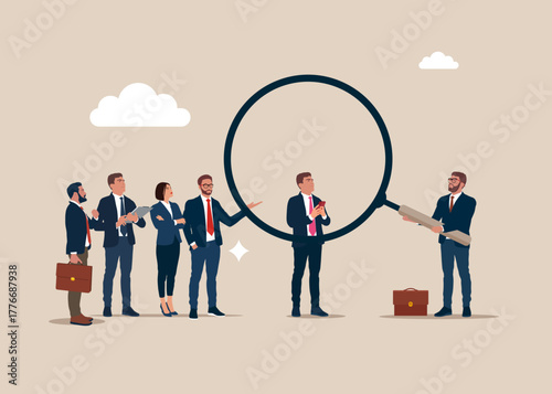 Search for qualified personnel. HR use magnifying glass to choose best candidate. Modern vector illustration in flat style. 